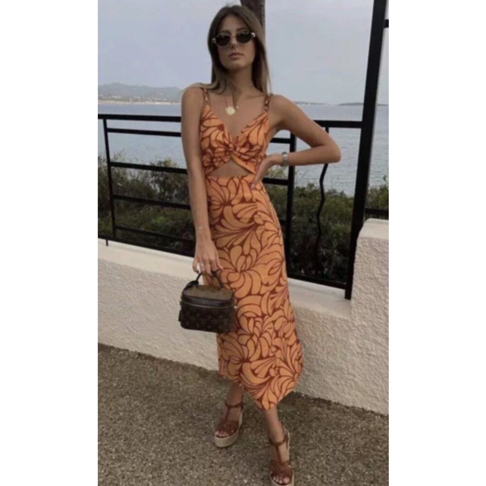 Zara Orange Patterned Midi Dress - Picture 2 of 14